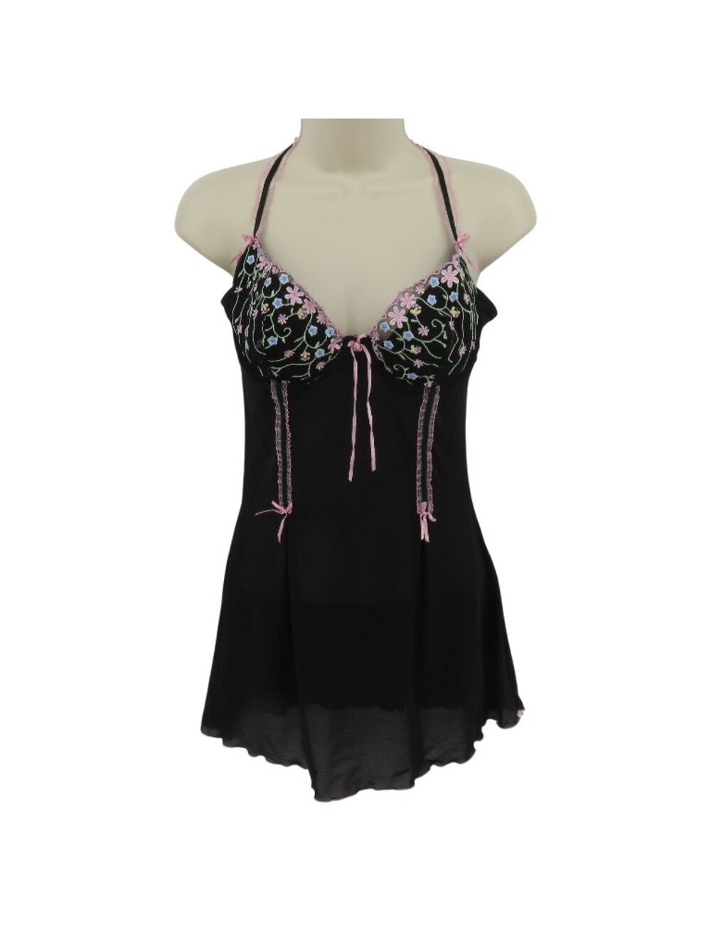 International Intimates Women XL Black Embroidered Flower Underwire Babydoll